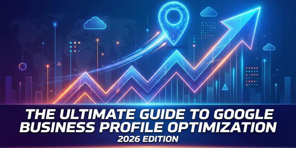 Map pin soaring on a growth chart illustrating 2026 Google Business Profile optimization and local SEO strategies