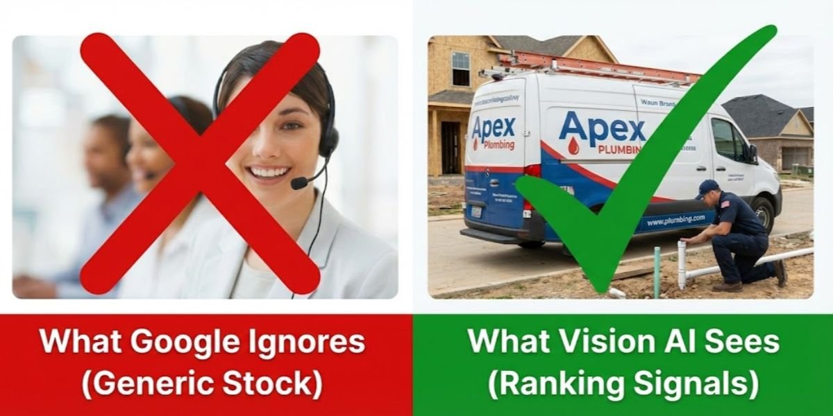 Side-by-side comparison of a generic stock photo versus an authentic local business action shot optimized for Google Vision AI and local SEO rankings.