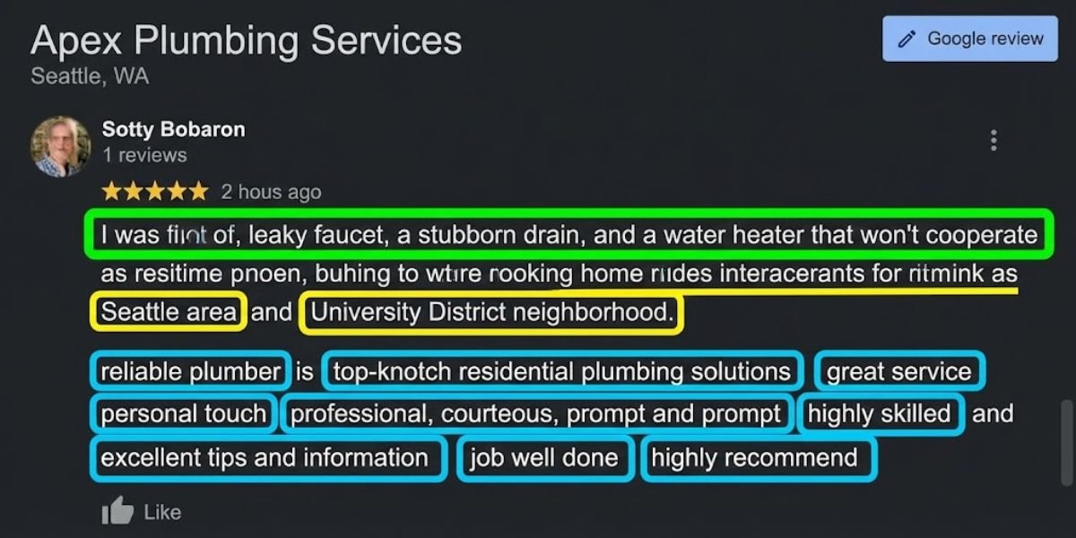 Highlighted 5-star Google Business Profile customer review featuring local SEO keywords, specific services, and neighborhood mentions.