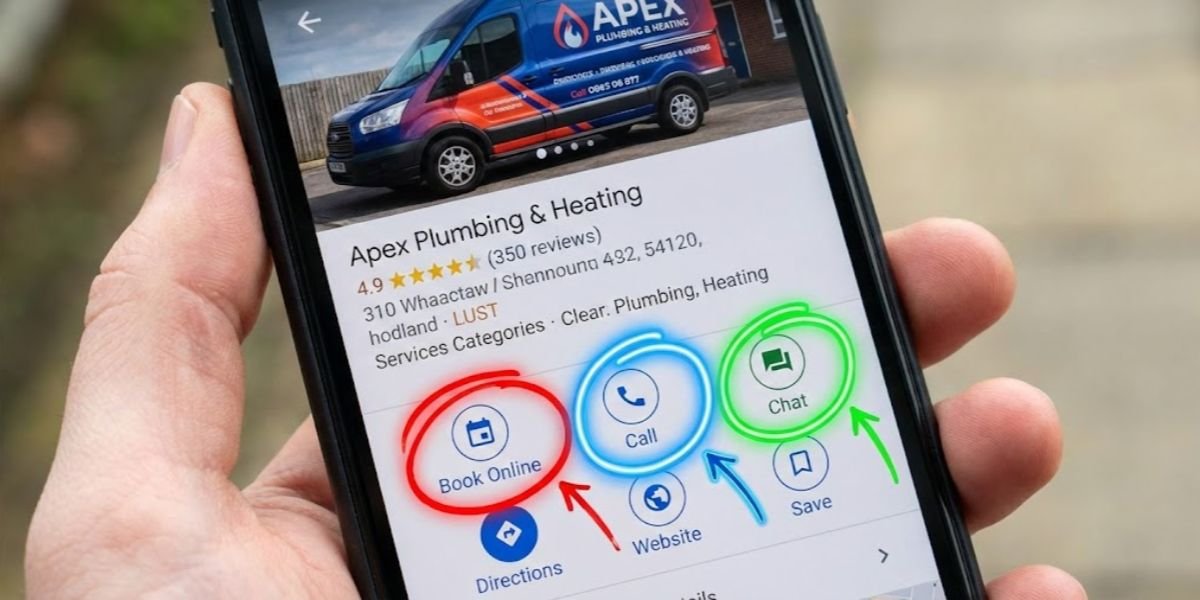 Mobile screenshot of a Google Business Profile highlighting zero-click conversion features like booking, calling, and messaging buttons for local SEO.