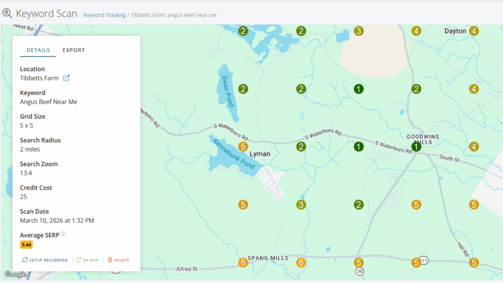 Local SEO results for Angus Beef in Lyman Maine showing #1 Google Map rankings