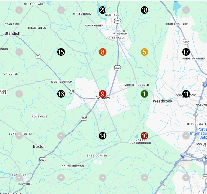 Geo grid map for electrician near me across Gorham, first place near Westbrook and no ranking across the south and west