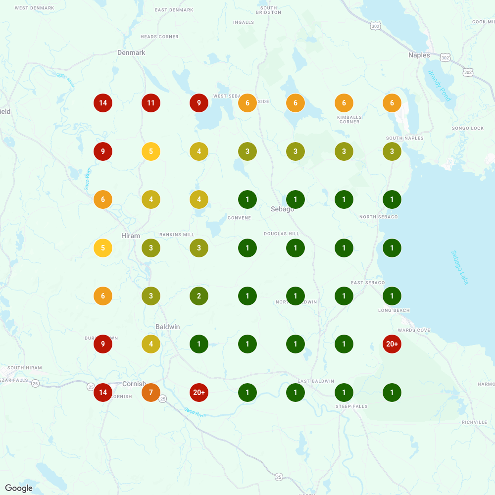 Geo grid map for painter near me showing first place rankings across Sebago and Baldwin, weakening toward Denmark and Hiram